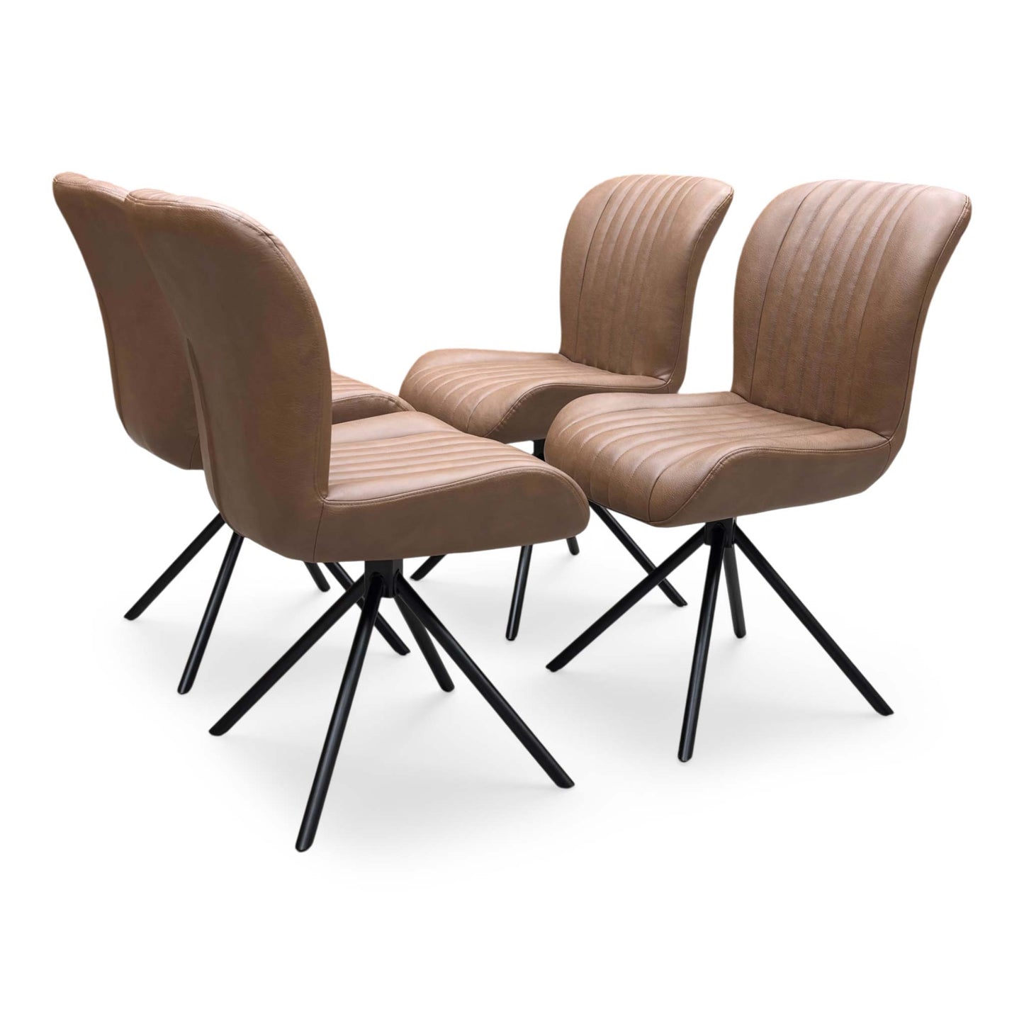 Side profile of the ‘Terra’ leather dining chair, highlighting its ergonomic curved backrest, supportive integrated armrests, and clean, angled black metal spider leg design.