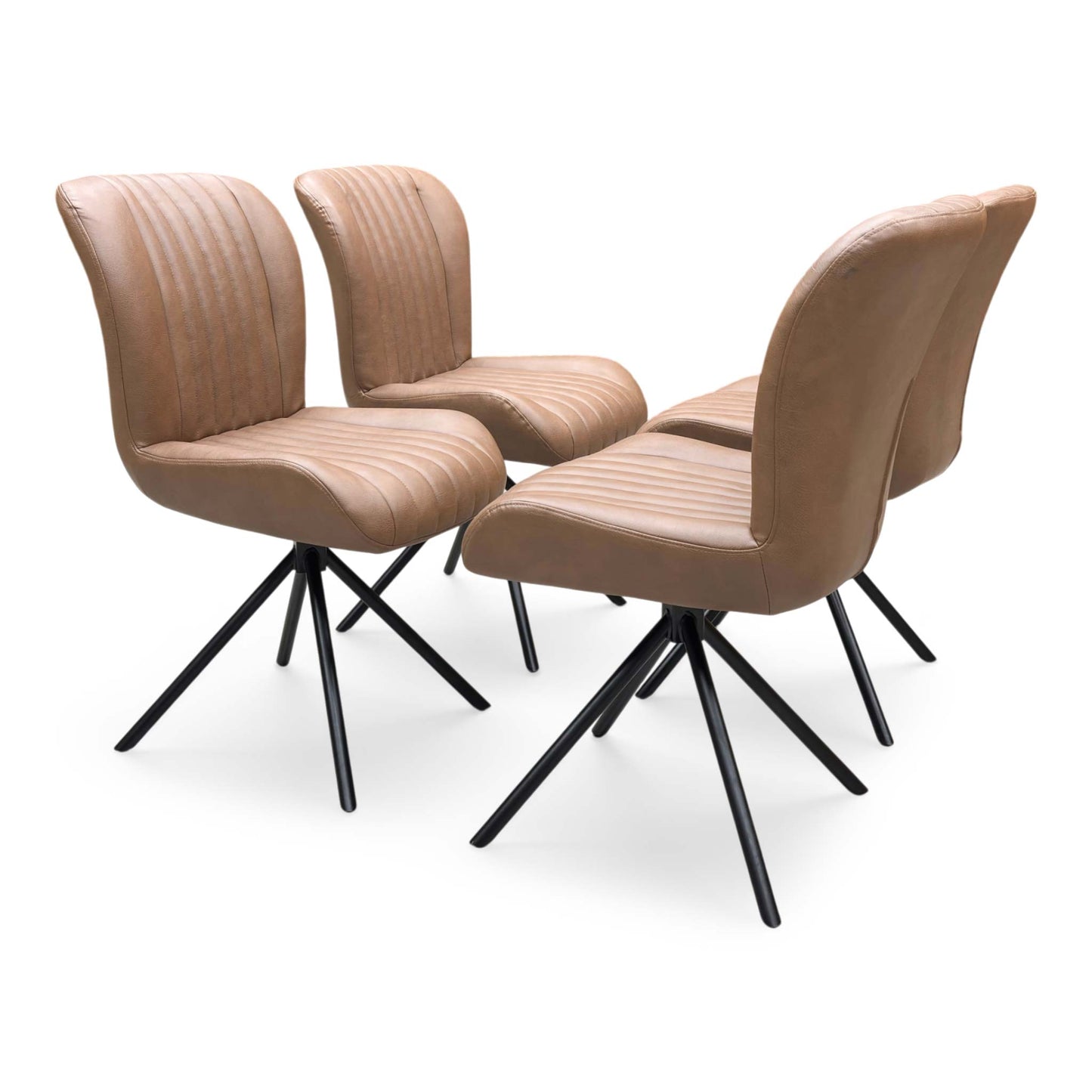 Full view of a set of 4 Bodahl ‘Terra’ Swivel Dining Chairs in Tan Brown leather, showcasing their premium industrial design, detailed diamond-pattern stitching, and sleek black metal legs.