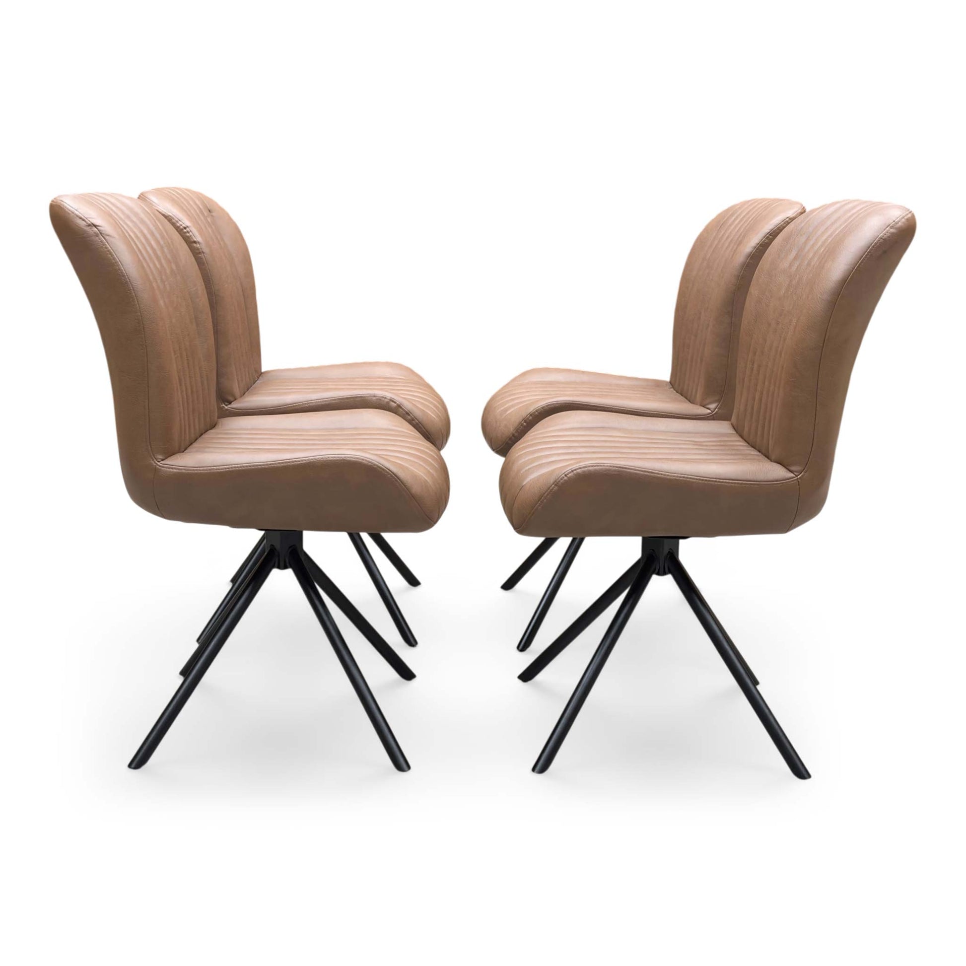 Side profile of the ‘Terra’ leather dining chair, highlighting its ergonomic curved backrest, supportive integrated armrests, and clean, angled black metal spider leg design.