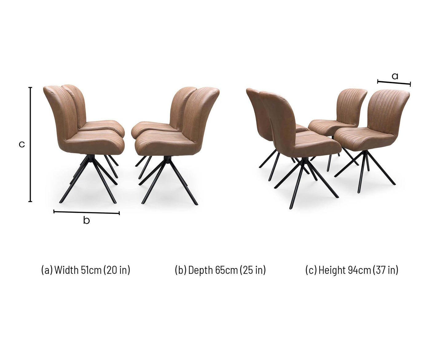 Technical dimension diagram for the Bodahl ‘Terra’ Tan Brown Leather Swivel Dining Chairs, outlining standard height, width, and depth measurements for the set.