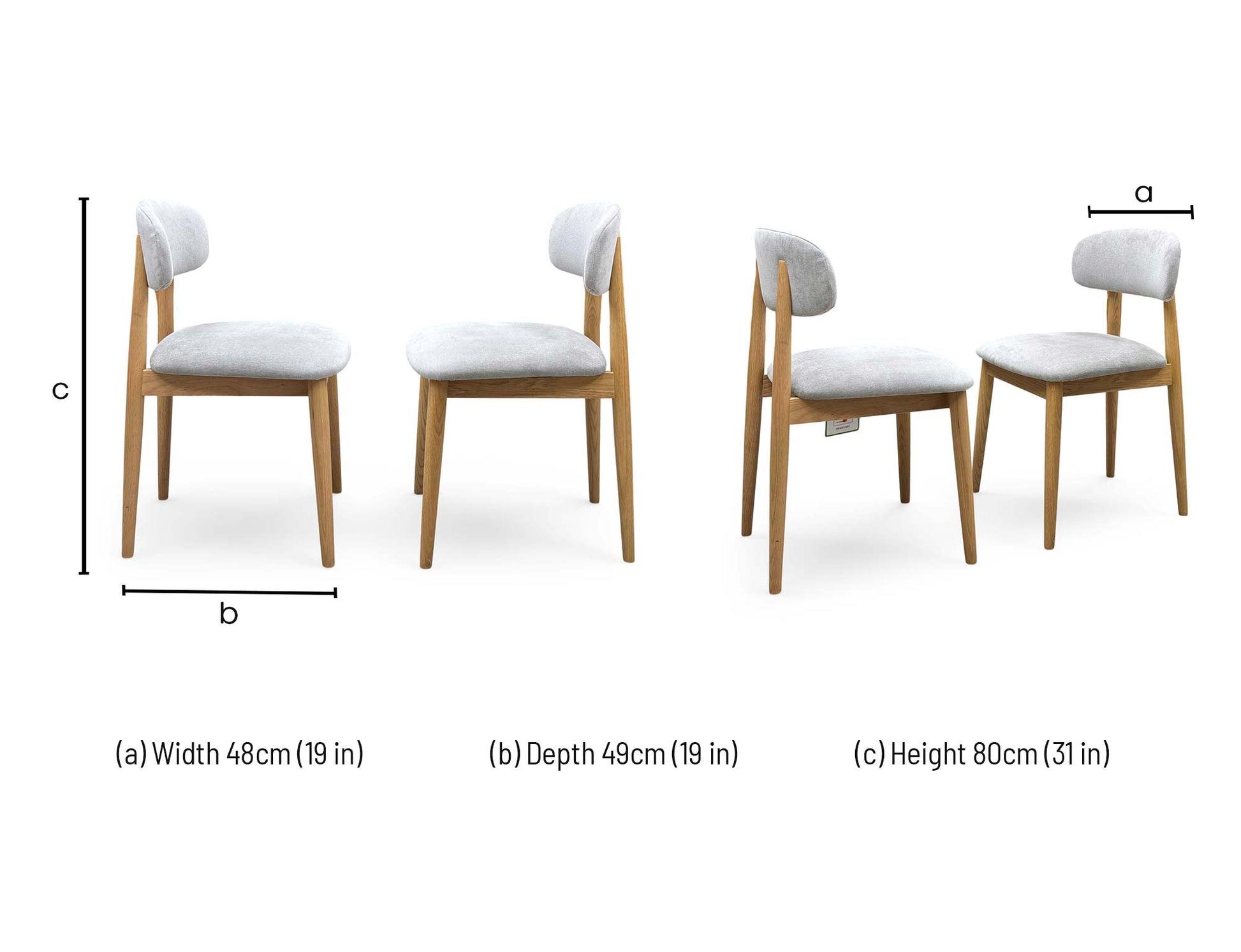 Technical dimension diagram for the ‘Stockholm’ Light Oak Wooden Dining Chairs, outlining standard structural measurements including height, width, and depth for the pair.
