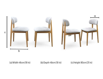 Technical dimension diagram for the ‘Stockholm’ Light Oak Wooden Dining Chairs, outlining standard structural measurements including height, width, and depth for the pair.