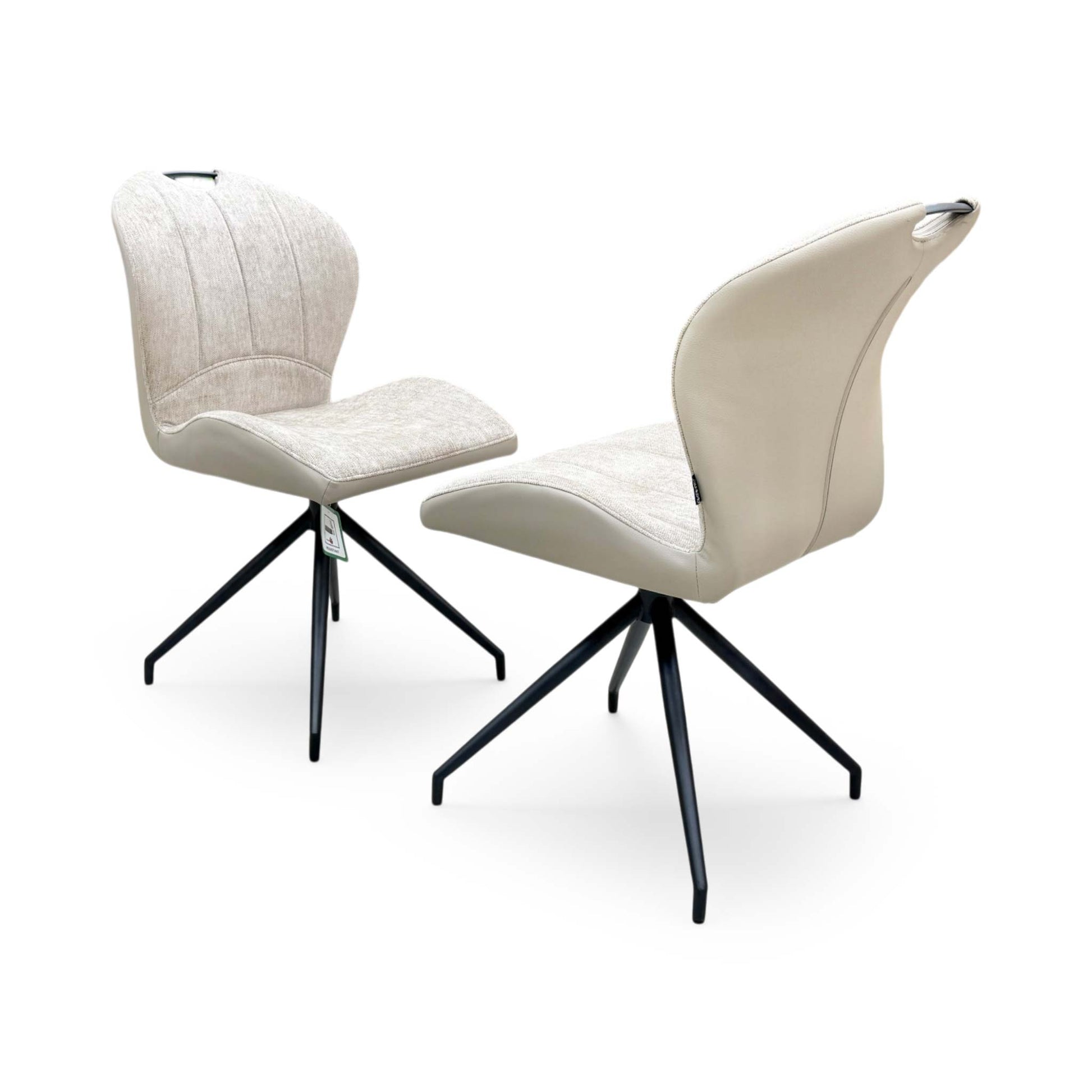 Side profile view of the Raul pebble taupe dining chair, illustrating the supportive seat scoop, padded cushion thickness, and modern leg angles.