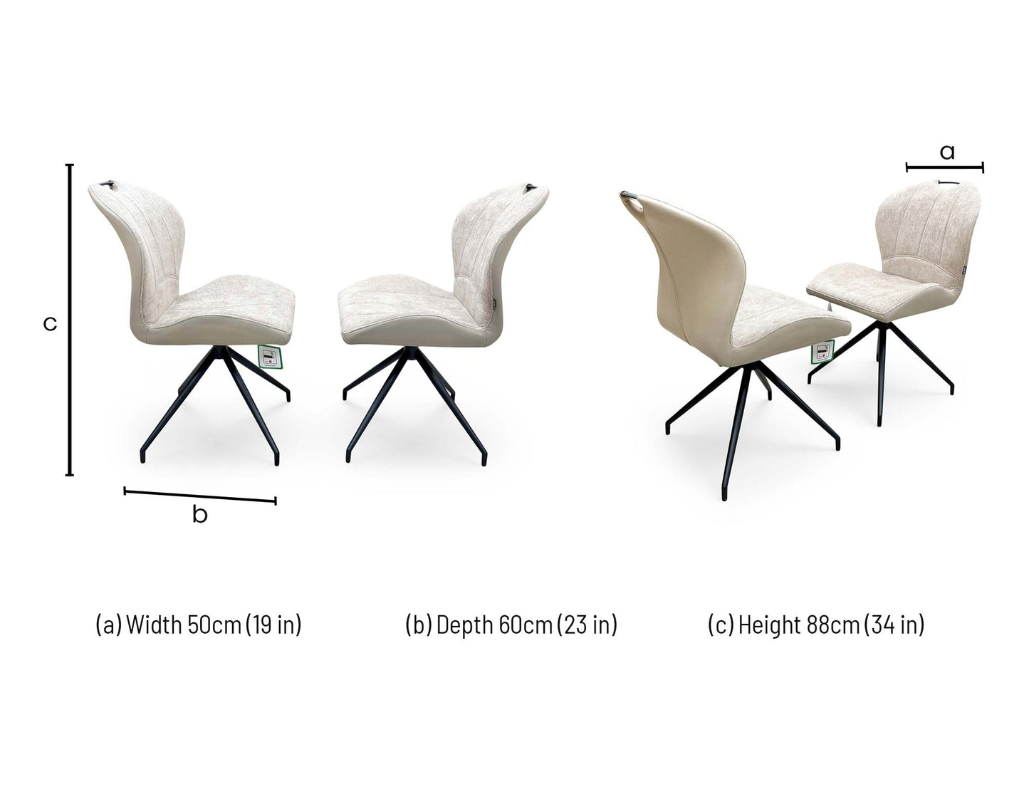 Technical dimension graphic for the Raul swivel dining chair, indicating the precise total height, seat width, seat depth, and floor-to-seat height measurements.