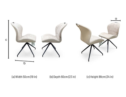 Technical dimension graphic for the Raul swivel dining chair, indicating the precise total height, seat width, seat depth, and floor-to-seat height measurements.