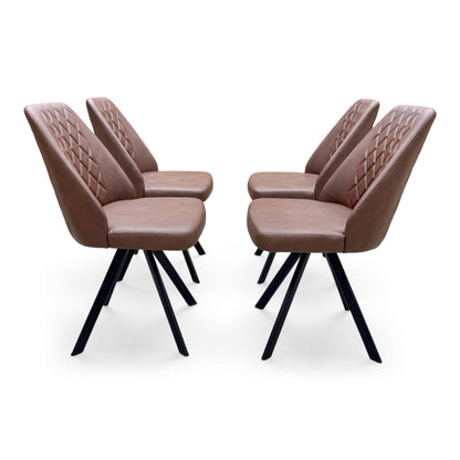 Side profile view of the Jupiter tan brown dining chair, illustrating the ergonomic seat curvature, padded cushion depth, and incline of the tapered legs.