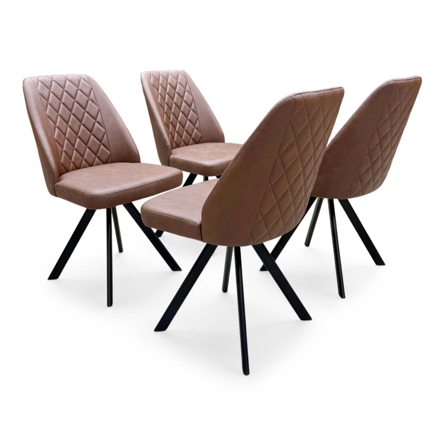 Side view of the Jupiter swivel dining chair, demonstrating the clean, fully upholstered faux leather back panel and robust metal frame mounting.