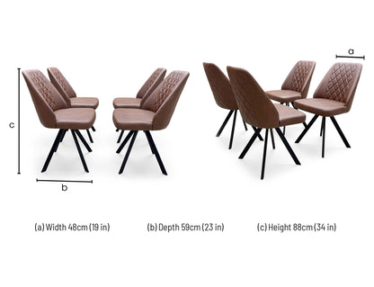 Technical dimension graphic for the Jupiter swivel dining chair, indicating the precise total height, seat width, seat depth, and floor-to-seat height measurements.