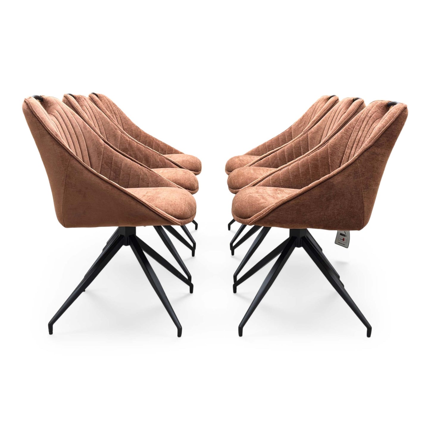 Front view of a set of 6 Furniture Village ‘Jai’ Swivel Dining Chairs in Rust Orange fabric, showcasing their vibrant contemporary bucket seats, vertical stitched detailing, and sleek black metal spider legs.