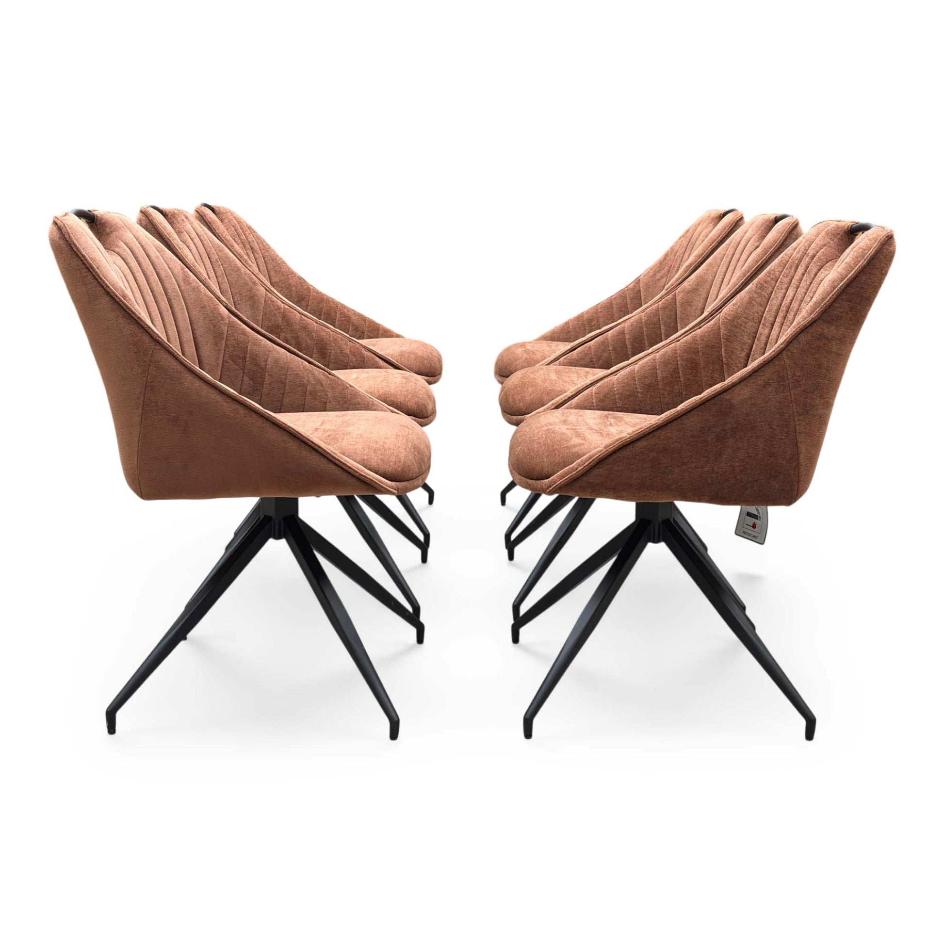 Front view of a set of 6 Furniture Village ‘Jai’ Swivel Dining Chairs in Rust Orange fabric, showcasing their vibrant contemporary bucket seats, vertical stitched detailing, and sleek black metal spider legs.
