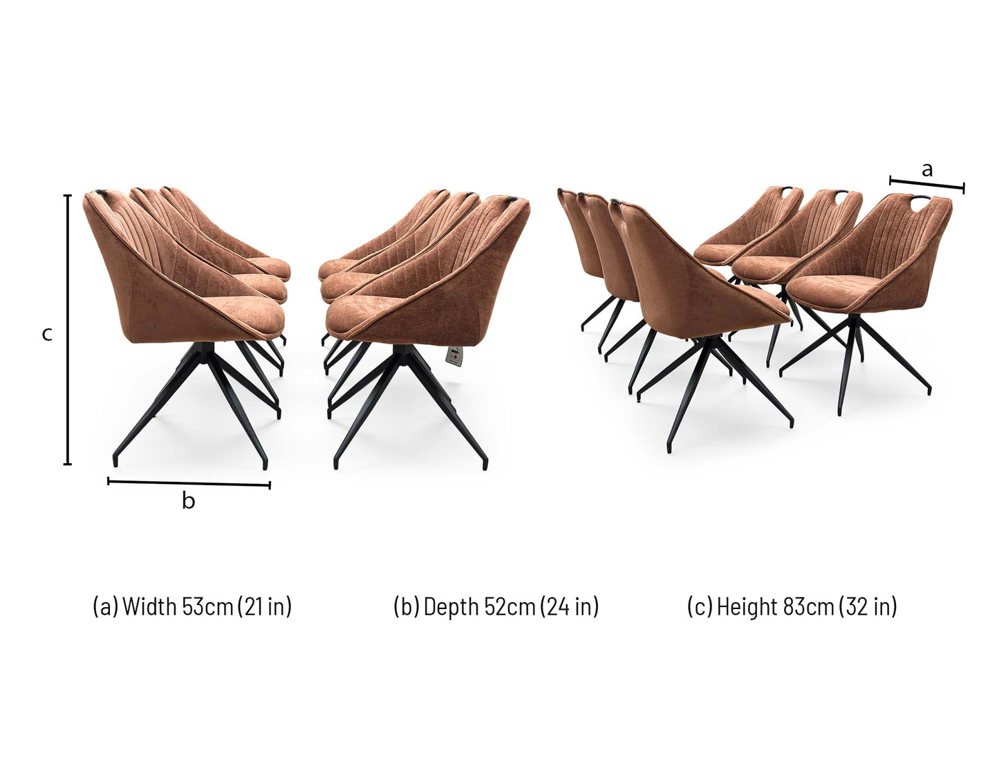 Technical dimension diagram for the Furniture Village ‘Jai’ Rust Orange Fabric Swivel Dining Chairs, outlining standard structural measurements including height, width, and depth for the set.