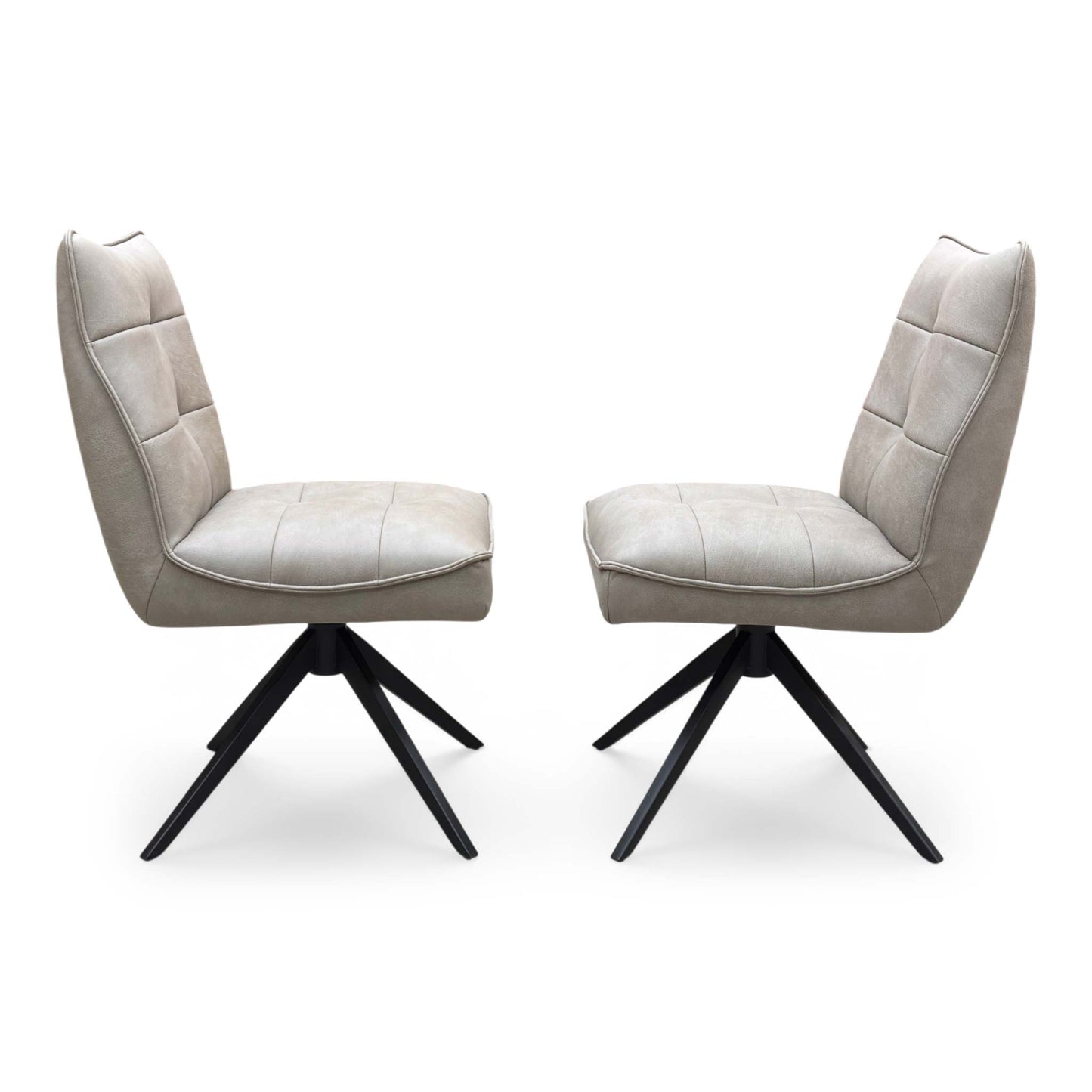 Front view of a pair of ‘Germain’ Swivel Dining Chairs in Taupe faux leather, showcasing their sleek contemporary scoop silhouettes, vertical channel stitching, and elegant black metal legs.