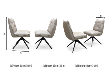 Technical dimension diagram for the ‘Germain’ Taupe Faux Leather Swivel Dining Chairs, outlining standard structural measurements including height, width, and depth for the pair.