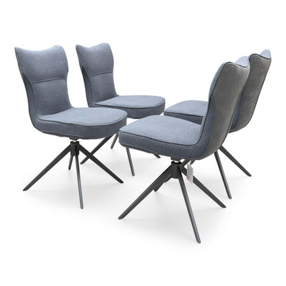 Side view for the ‘Carrera’ Grey fabric swivel dining chairs, highlighting the multi-pack set of 4 configuration, smooth 180-degree swivel return function, and modern industrial aesthetic.
