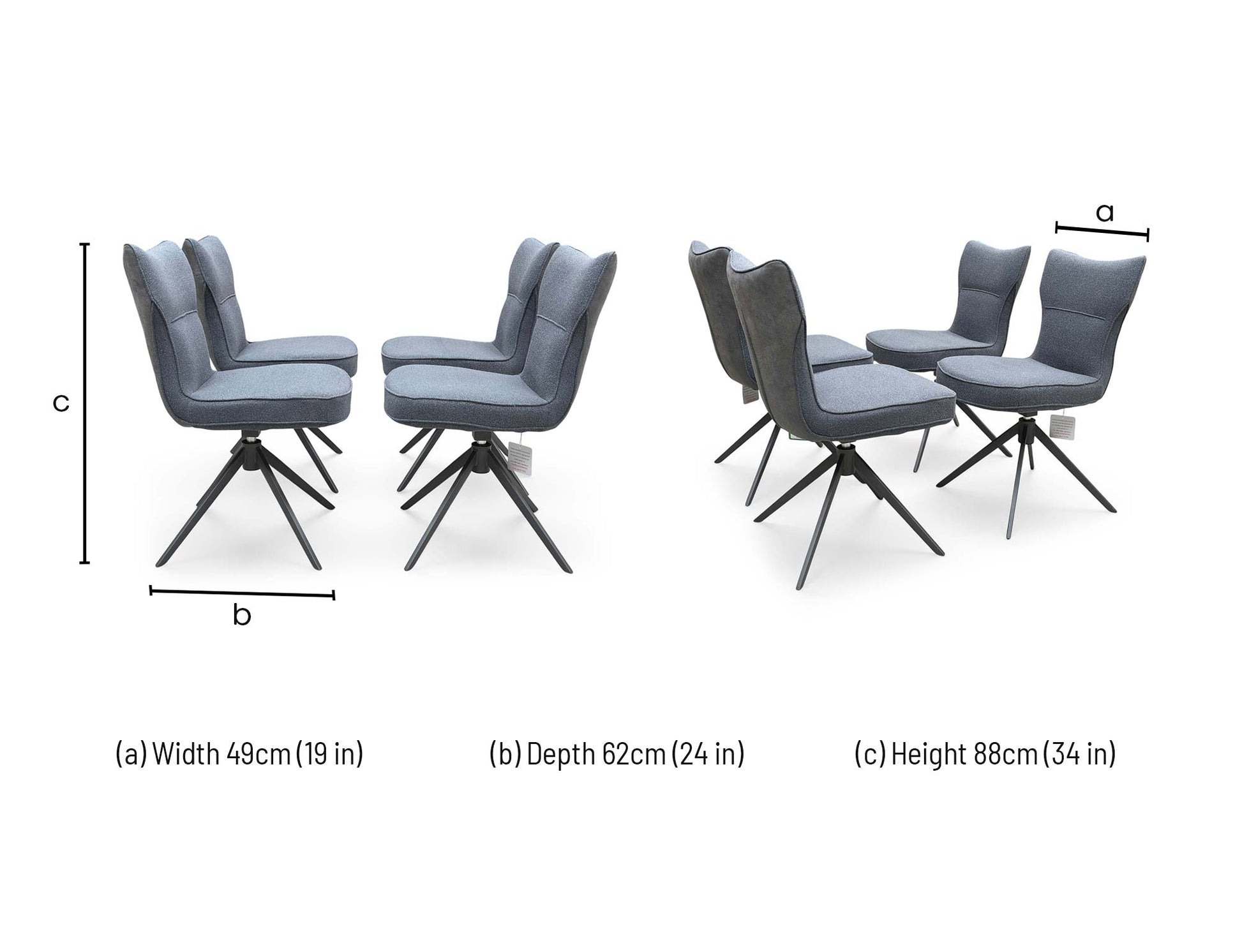 Technical dimension diagram for the ‘Carrera’ Grey Fabric Swivel Dining Chairs, outlining standard structural measurements including height, width, and depth for the set.