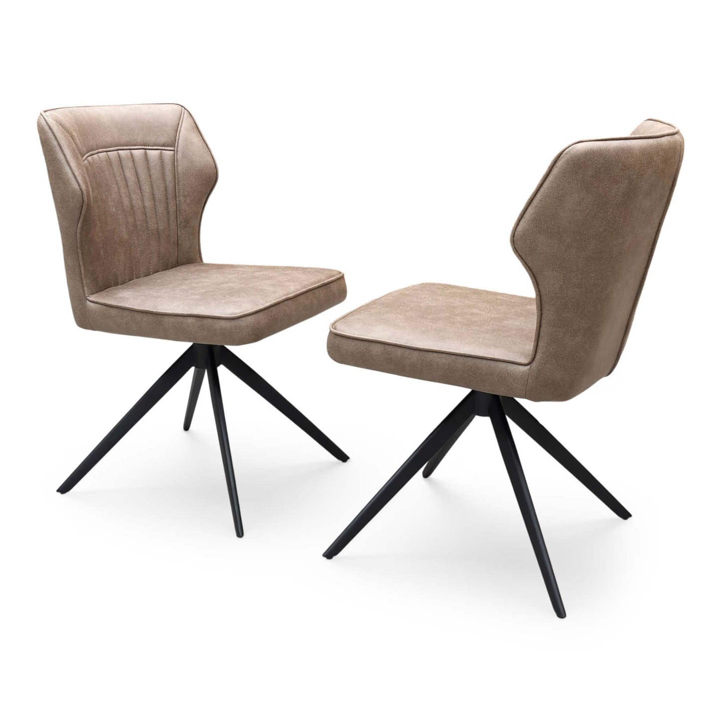 Side profile of the ‘Aydin’ dining chair, highlighting its ergonomic wrap-around low arms, gently sloped backrest, and clean, angled black metal leg design.
