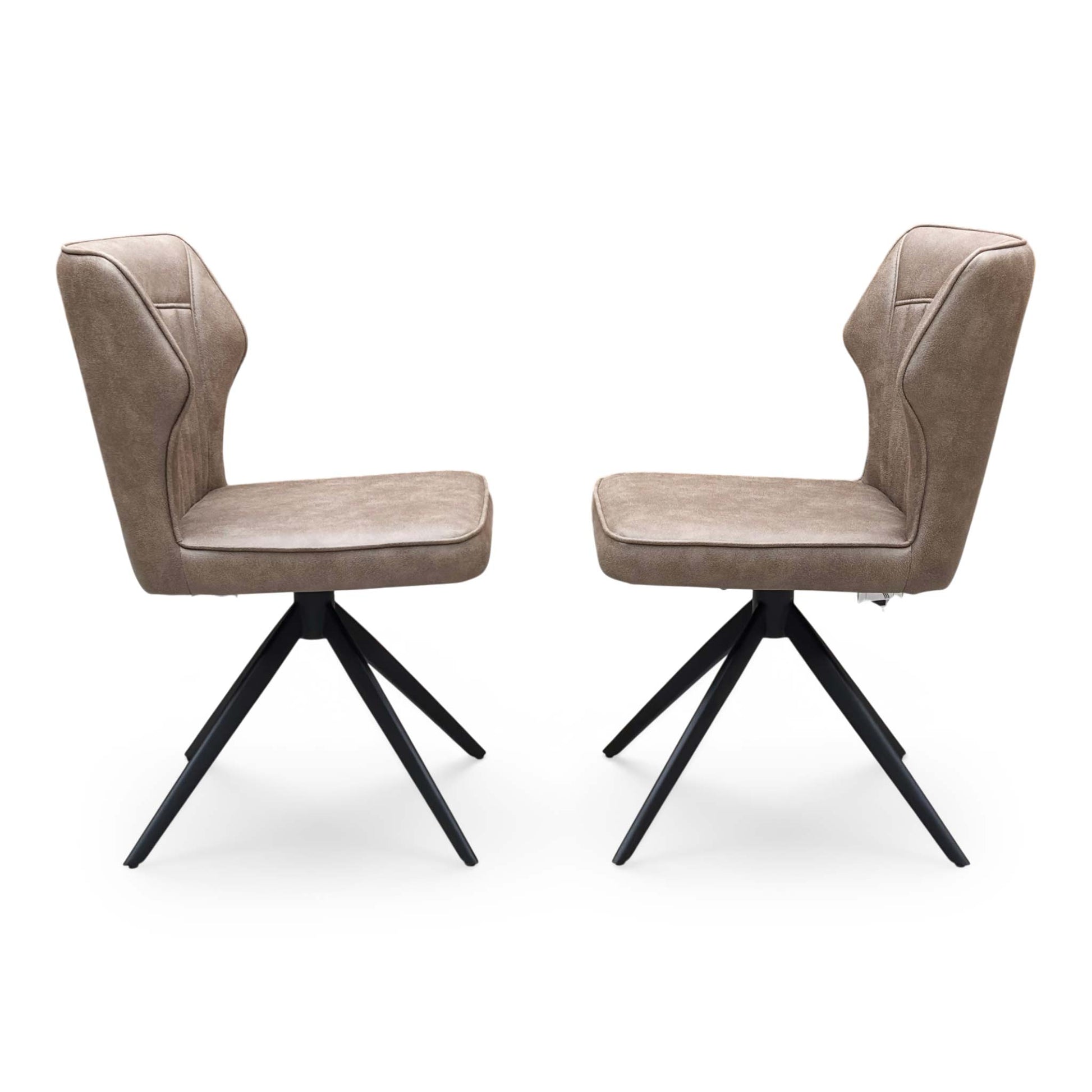 Front view of a pair of ‘Aydin’ Swivel Dining Chairs in Tan Brown faux leather, showcasing their contemporary curved bucket seats, vertical stitched detailing, and sleek black metal spider legs.