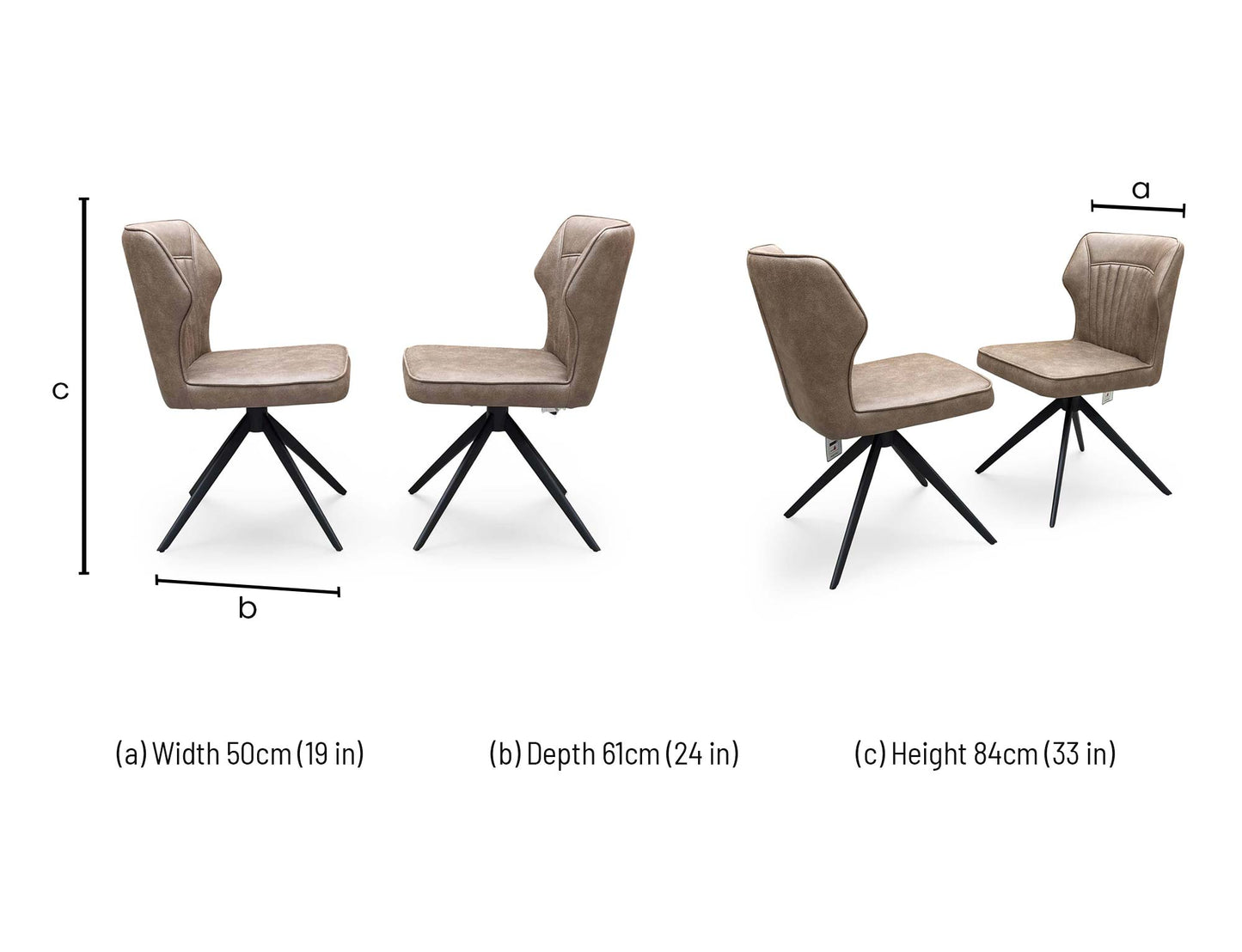 Technical dimension diagram for the ‘Aydin’ Tan Brown Faux Leather Swivel Dining Chairs, outlining standard structural measurements including height, width, and depth for the pair.