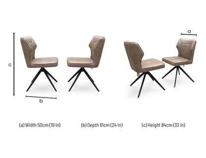 Technical dimension diagram for the ‘Aydin’ Tan Brown Faux Leather Swivel Dining Chairs, outlining standard structural measurements including height, width, and depth for the pair.