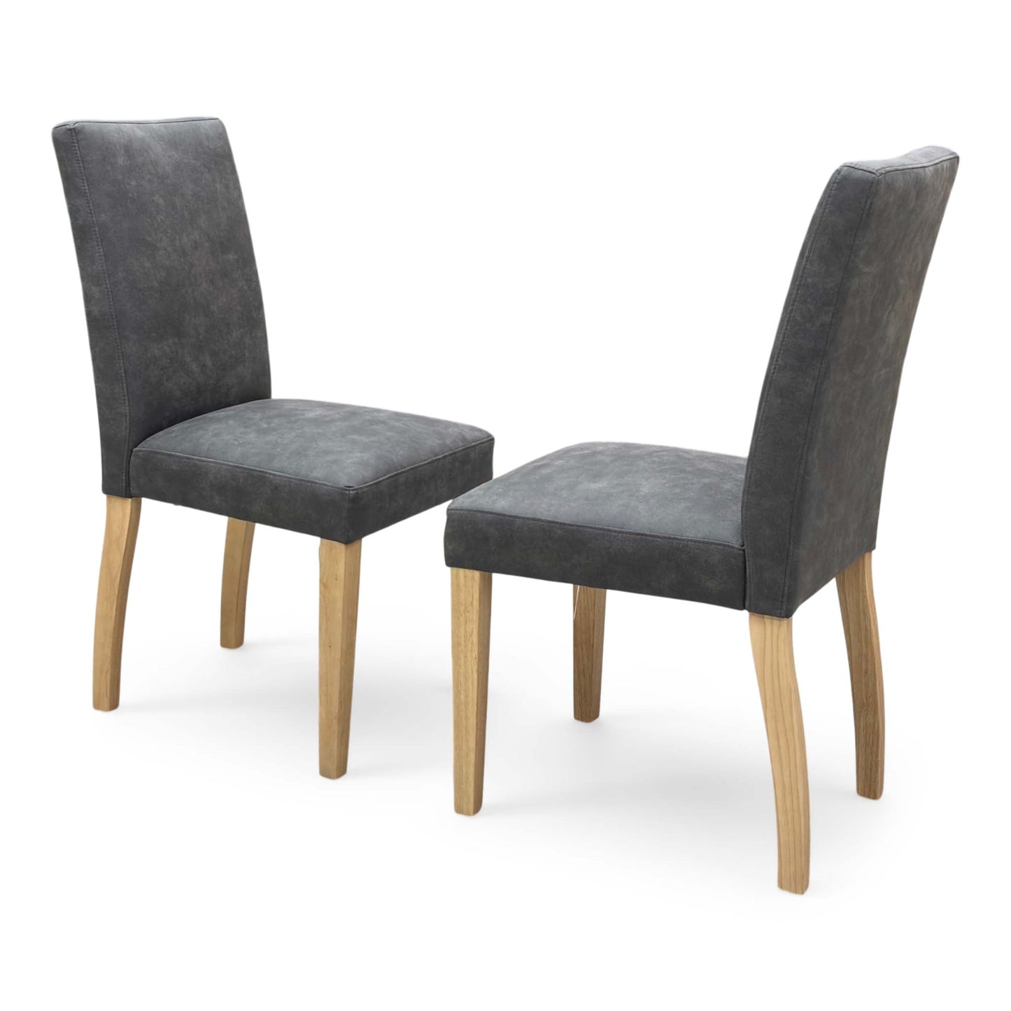 Side profile of the ‘Augusta’ upholstered chair, highlighting its ergonomic gently curved backrest and clean, angled black powder-coated metal leg design.