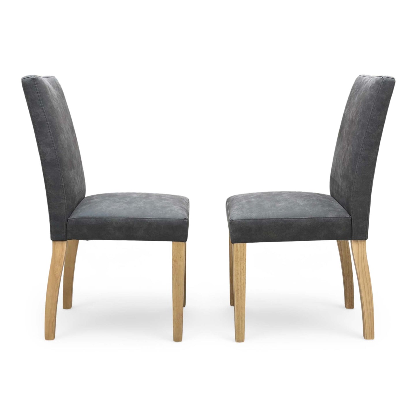 Side profile of the ‘Augusta’ upholstered chair, highlighting its ergonomic gently curved backrest and clean, angled black powder-coated metal leg design.