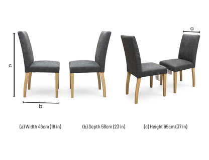 Technical dimension diagram for the Furnitureland ‘Augusta’ Grey Cowboy Upholstered Dining Chairs, outlining standard height, width, and depth measurements for the pair.