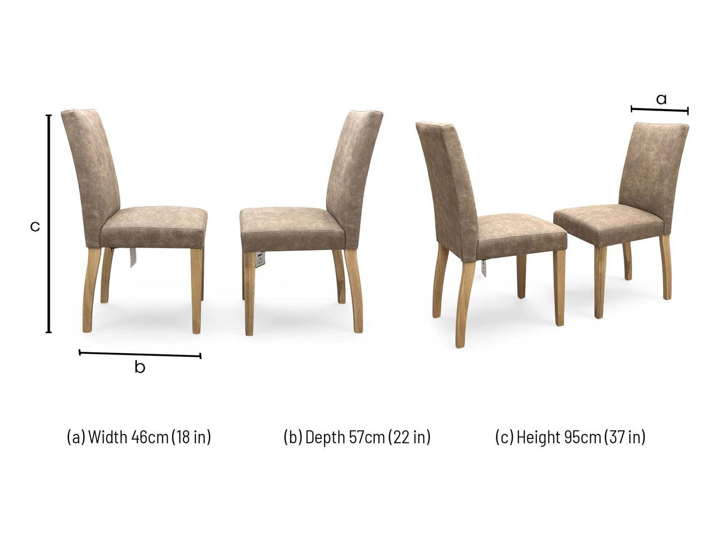 Technical dimension diagram for the Furnitureland ‘Augusta’ Taupe Cowboy Upholstered Dining Chairs, outlining standard height, width, and depth measurements for the pair.