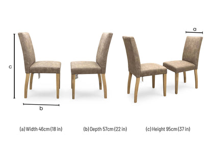 Technical dimension diagram for the Furnitureland ‘Augusta’ Taupe Cowboy Upholstered Dining Chairs, outlining standard height, width, and depth measurements for the pair.