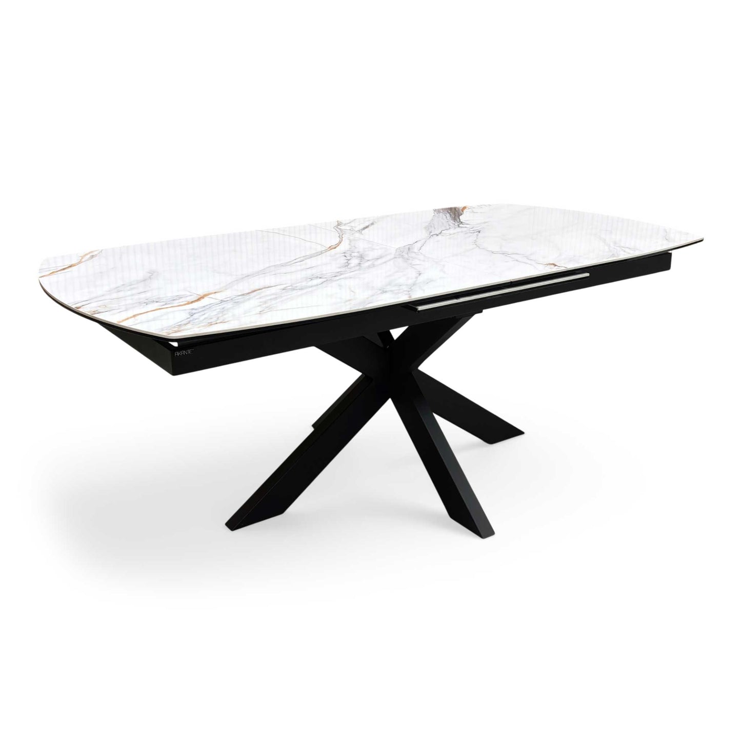 Side profile of the ‘Raul’ modern dining table, highlighting the slim, low-profile ceramic tabletop edge and the clean angles of the black powder-coated legs.