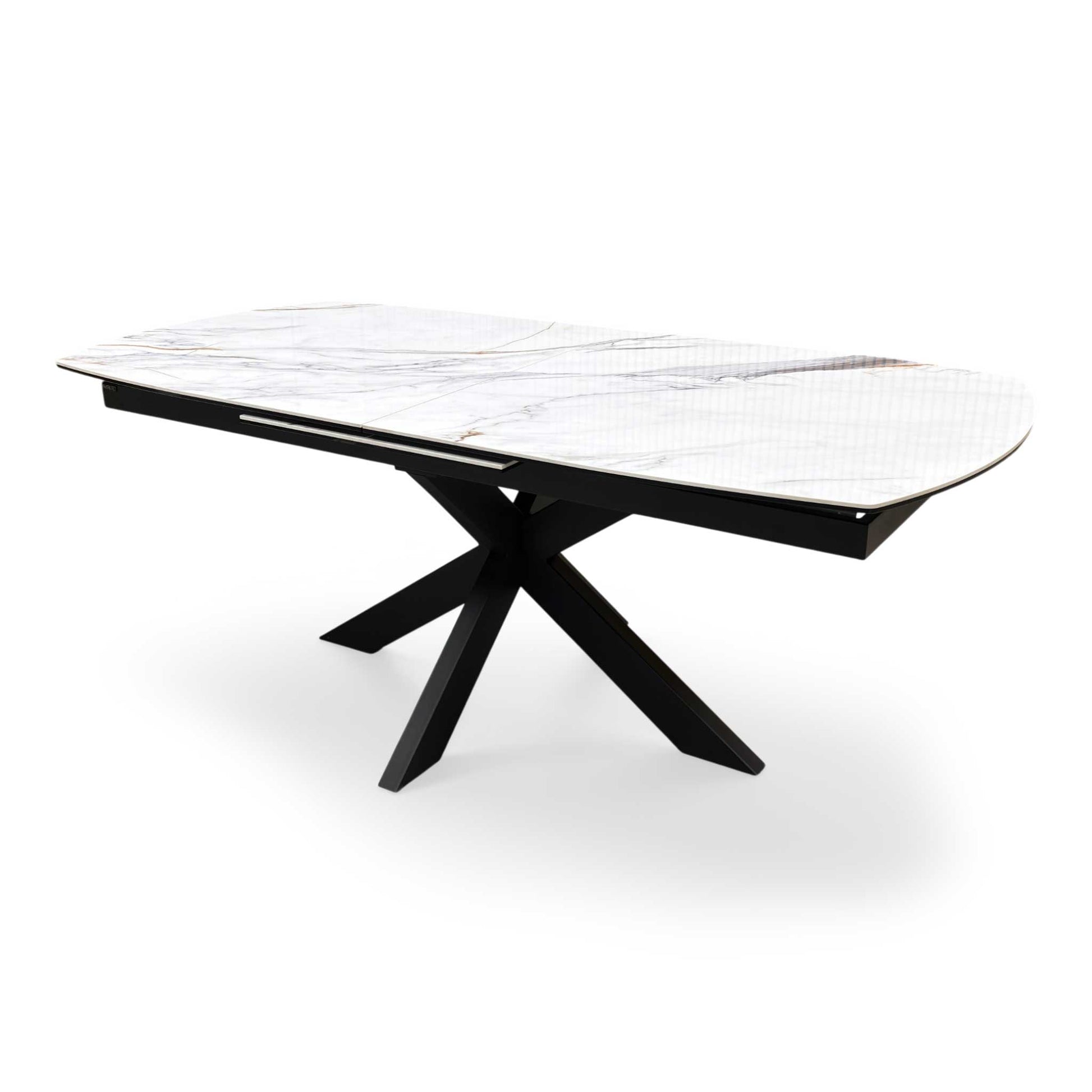 Side profile of the ‘Raul’ modern dining table, highlighting the slim, low-profile ceramic tabletop edge and the clean angles of the black powder-coated legs.