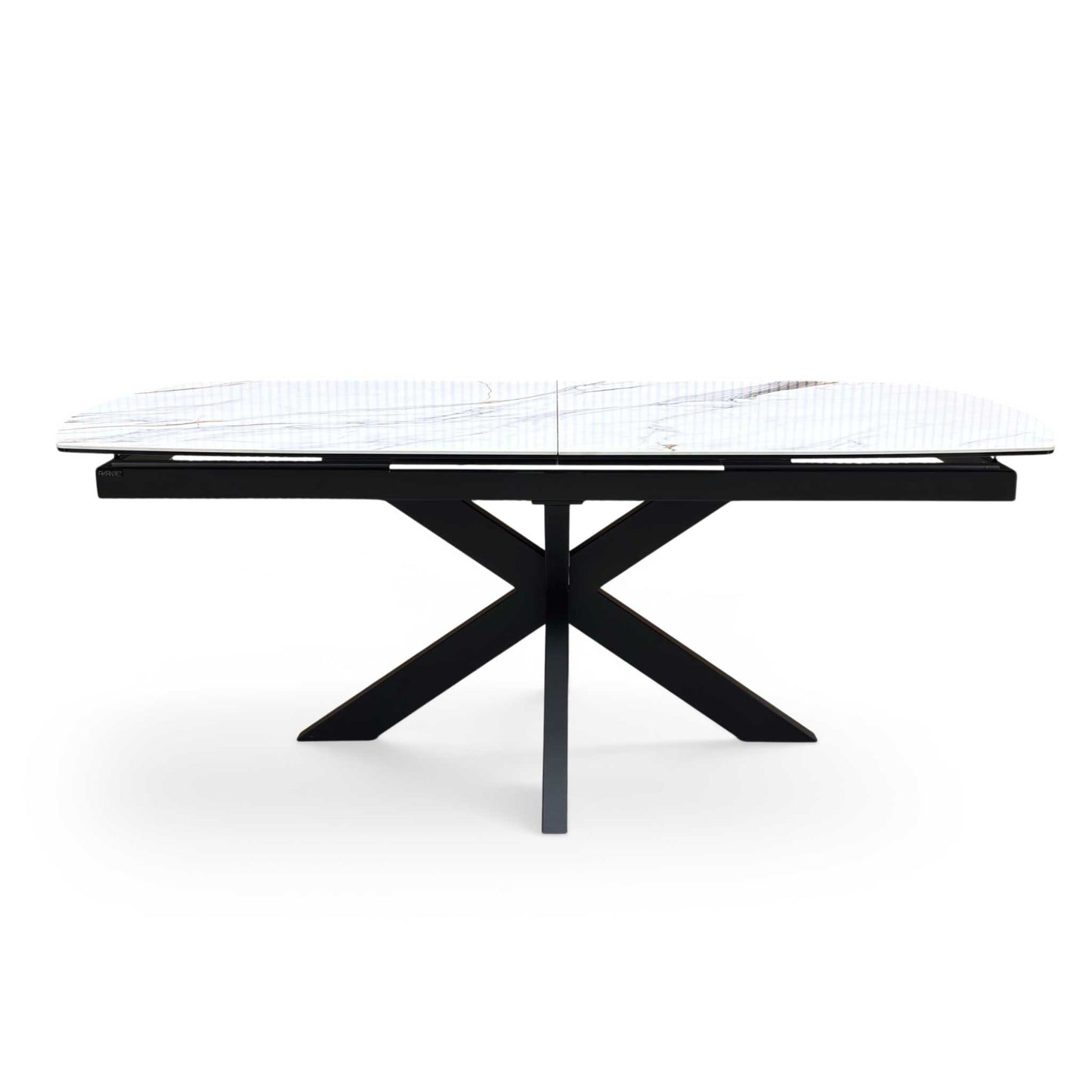 Front view of the Furniture Village ‘Raul’ Pop-Up Extending Dining Table, showcasing its luxurious Fiorentino white marble-effect ceramic top and striking black star-burst metal legs.