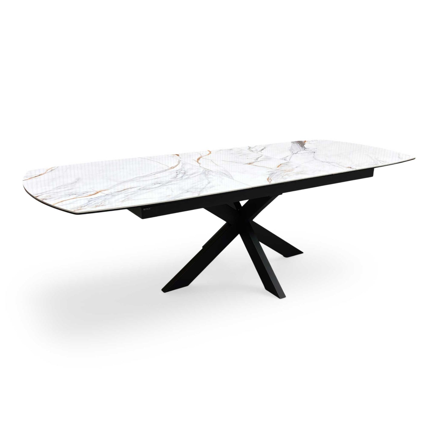 Full view of the Furniture Village ‘Raul’ Pop-Up Extending Dining Table, showcasing its luxurious Fiorentino white marble-effect ceramic top and striking black star-burst metal legs.