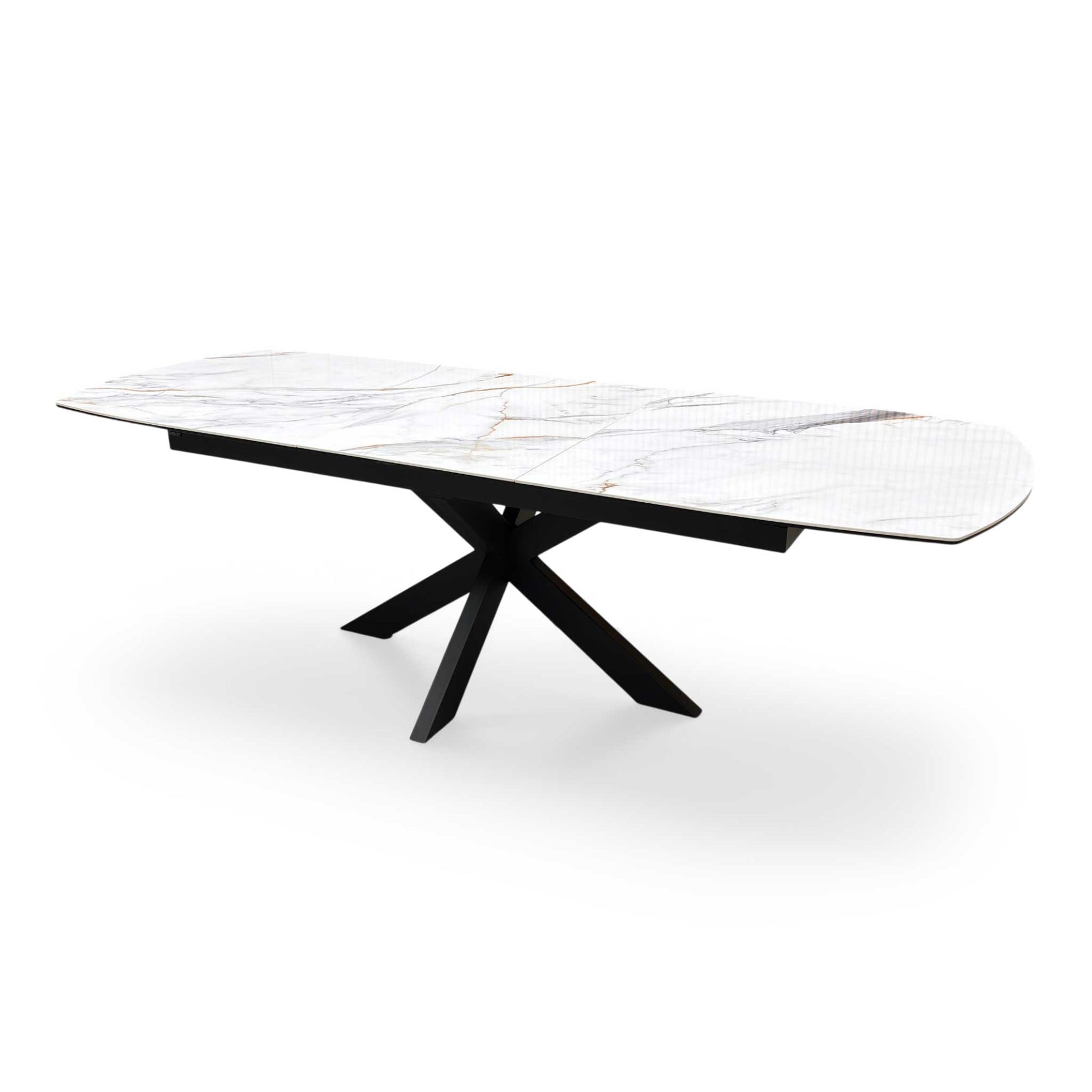 Side profile of the ‘Raul’ modern dining table, highlighting the slim, low-profile ceramic tabletop edge and the clean angles of the black powder-coated legs.