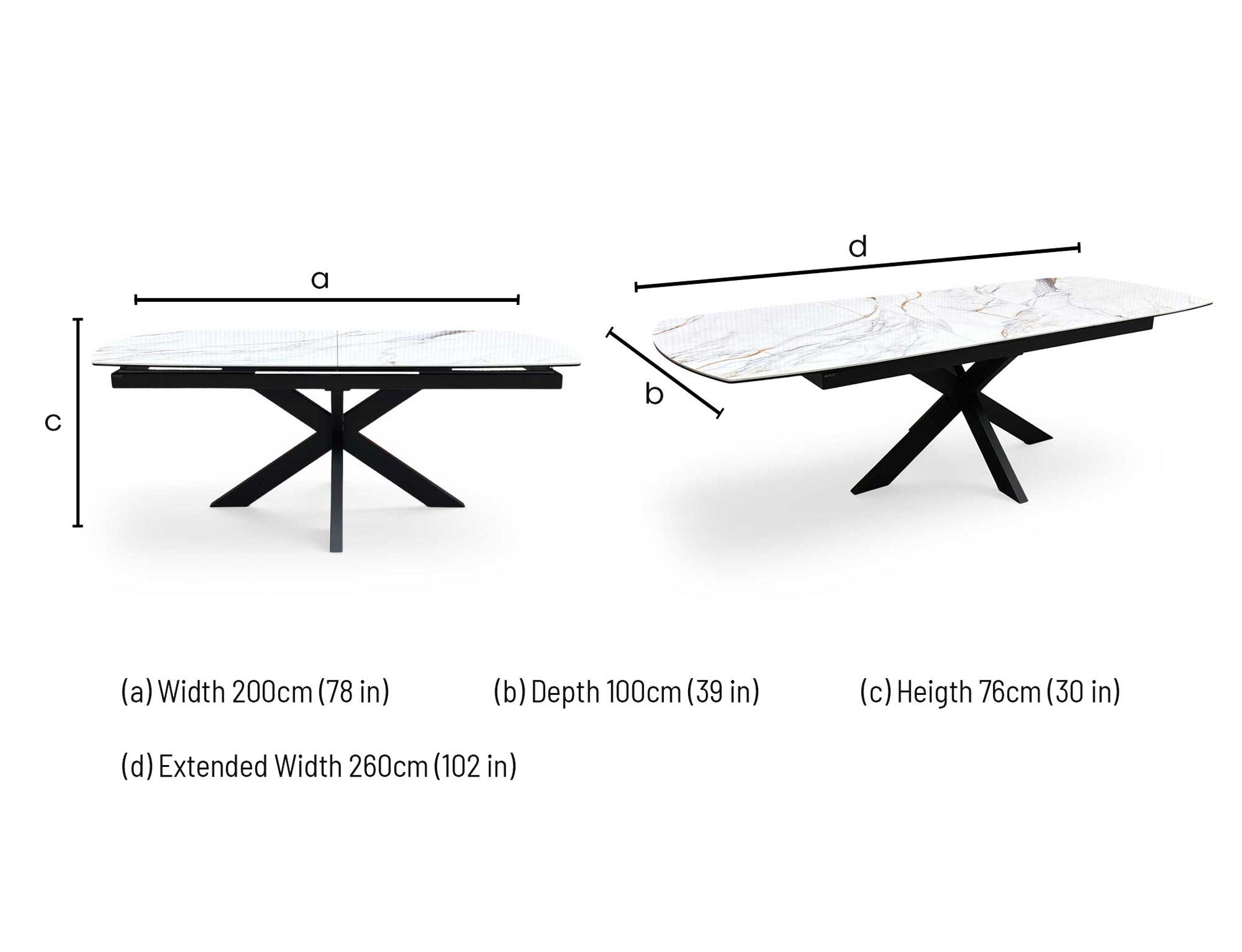 Technical dimension diagram for the Furniture Village ‘Raul’ Marble Ceramic Pop-Up Extending Dining Table, outlining its standard and fully extended measurement configurations.