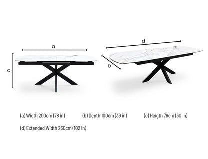 Technical dimension diagram for the Furniture Village ‘Raul’ Marble Ceramic Pop-Up Extending Dining Table, outlining its standard and fully extended measurement configurations.