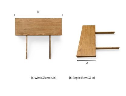 Technical dimension diagram for the Furniture Village ‘Earth’ Solid Oak 35cm Extension Leaf, detailing its specific measurement blueprint: Width 95cm, Depth 35cm, and Thickness 4cm.