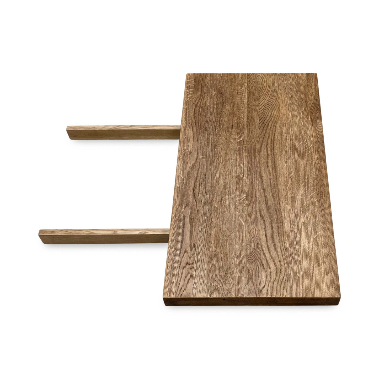 Side view of the Earth solid oak dining table extension leaf, illustrating the heavy-duty metal insertion prongs and secure mounting hardware.