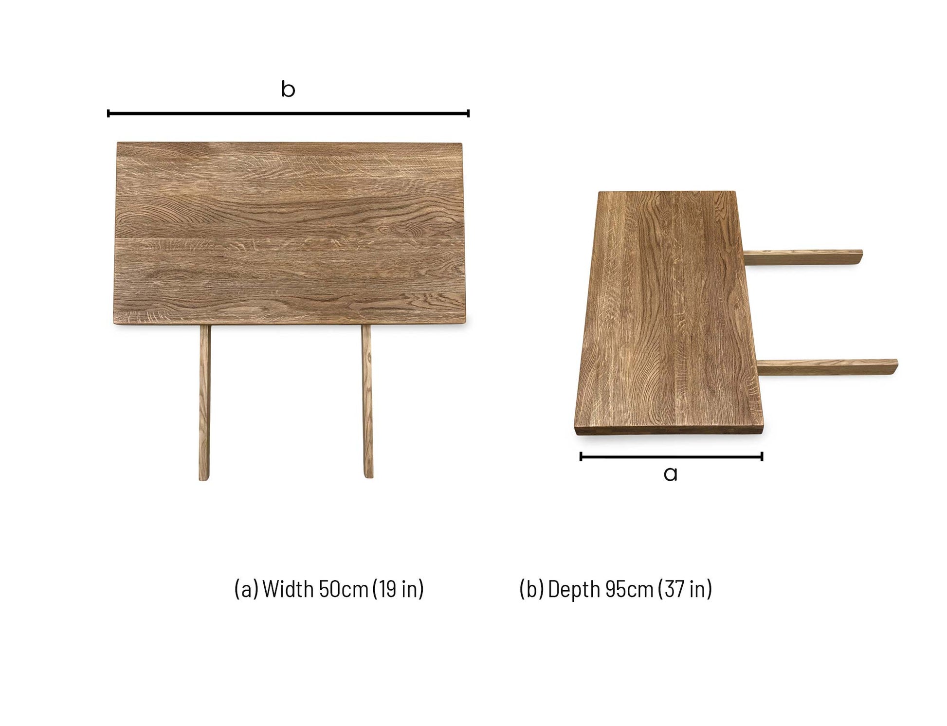 Technical dimension graphic for the Earth solid oak extension leaf, indicating the 50cm length, precise width, and panel thickness for table compatibility.