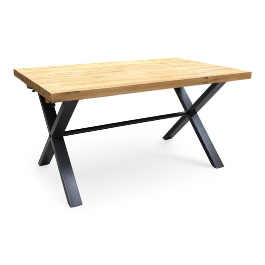 Full view of the Furniture Village ‘Earth’ Fixed Dining Table, showcasing the beautiful 150cm solid natural oak table top paired with modern grey powder-coated metal legs