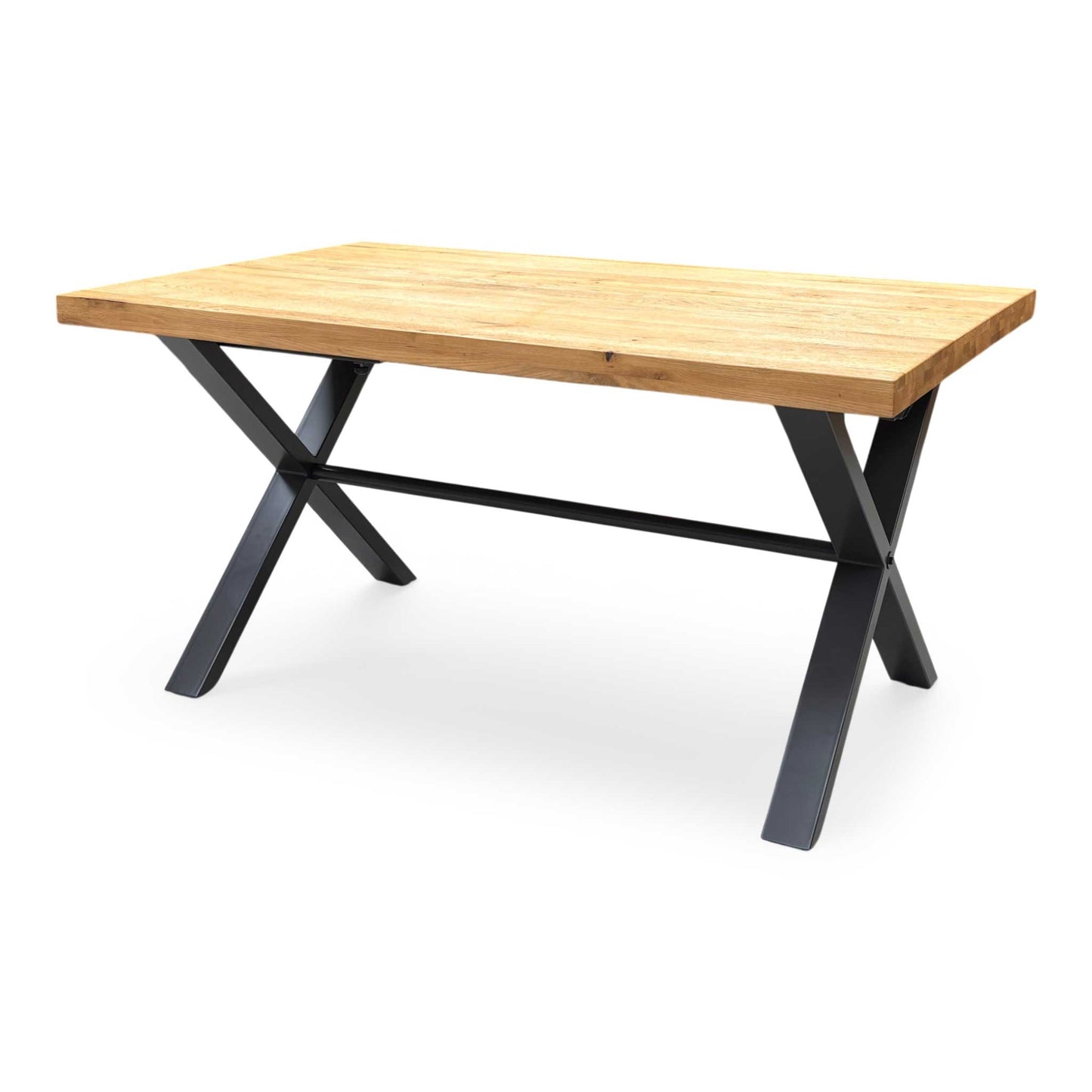 Side profile of the ‘Earth’ industrial dining table, highlighting the clean, angular lines of the grey metal X-frame legs and the sturdy overhanging oak top.
