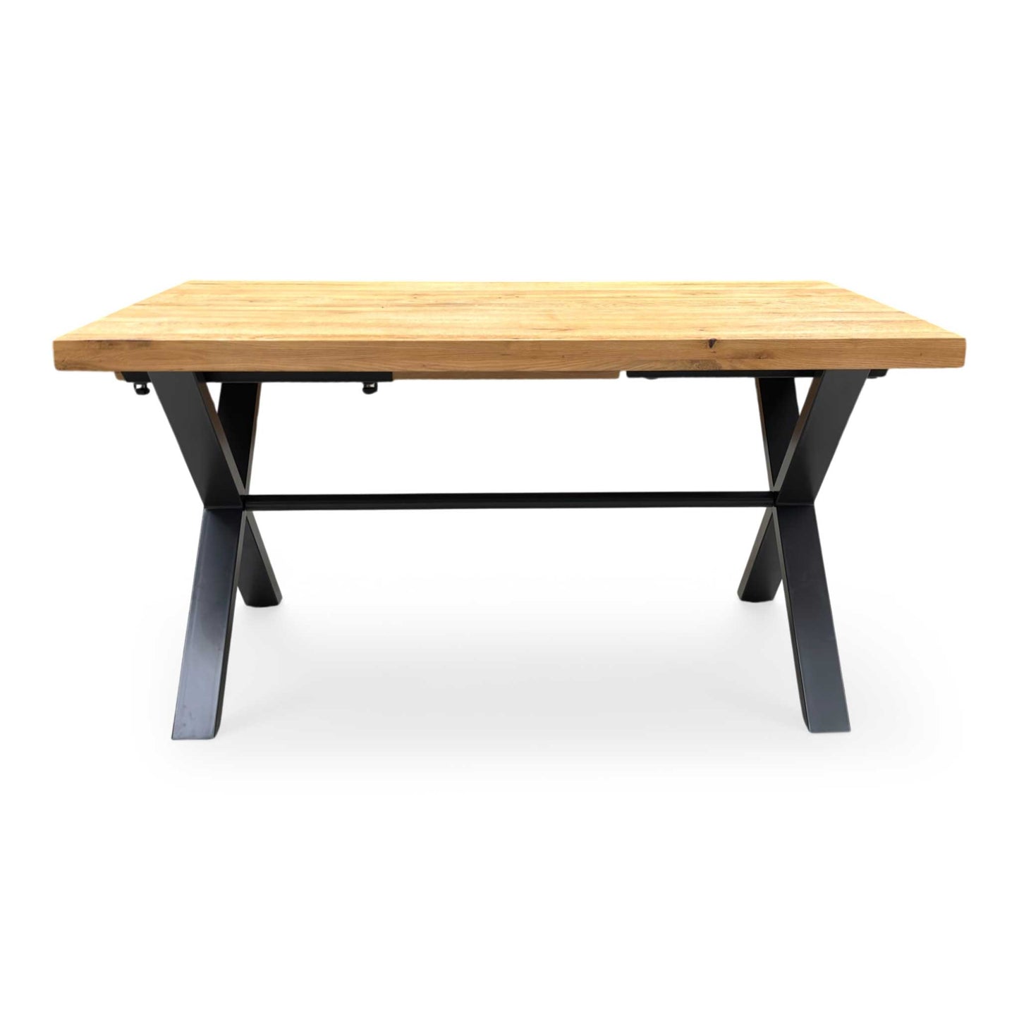 Front  profile of the ‘Earth’ industrial dining table, highlighting the clean, angular lines of the grey metal X-frame legs and the sturdy overhanging oak top.