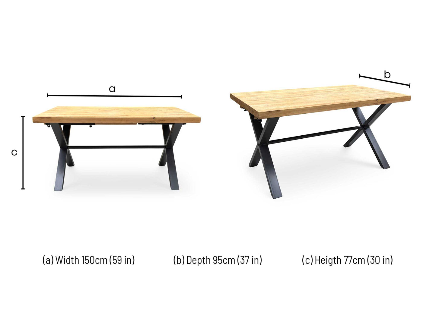 Technical dimension diagram for the Furniture Village ‘Earth’ Solid Oak 150cm Fixed Dining Table, outlining its standard structural measurements: Width 150cm, Depth 95cm, and Height 76cm.