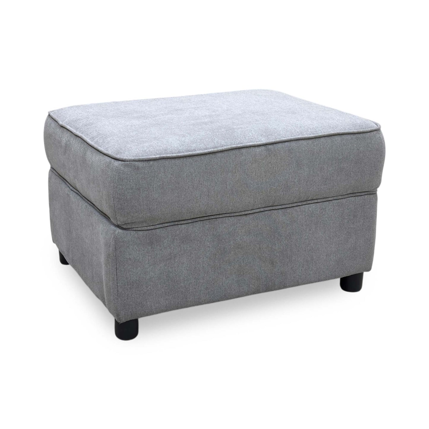 Side view of the Comfi light grey fabric storage footstool, illustrating the structural frame height, crisp corner lines, and robust compact build.