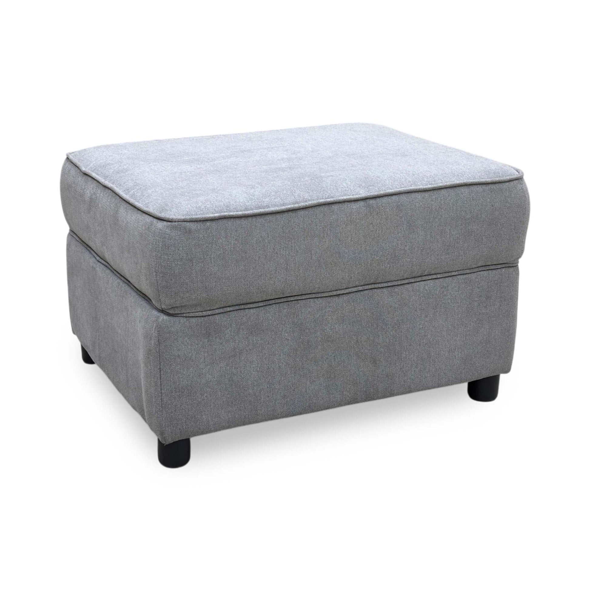 Side view of the Comfi light grey fabric storage footstool, illustrating the structural frame height, crisp corner lines, and robust compact build.