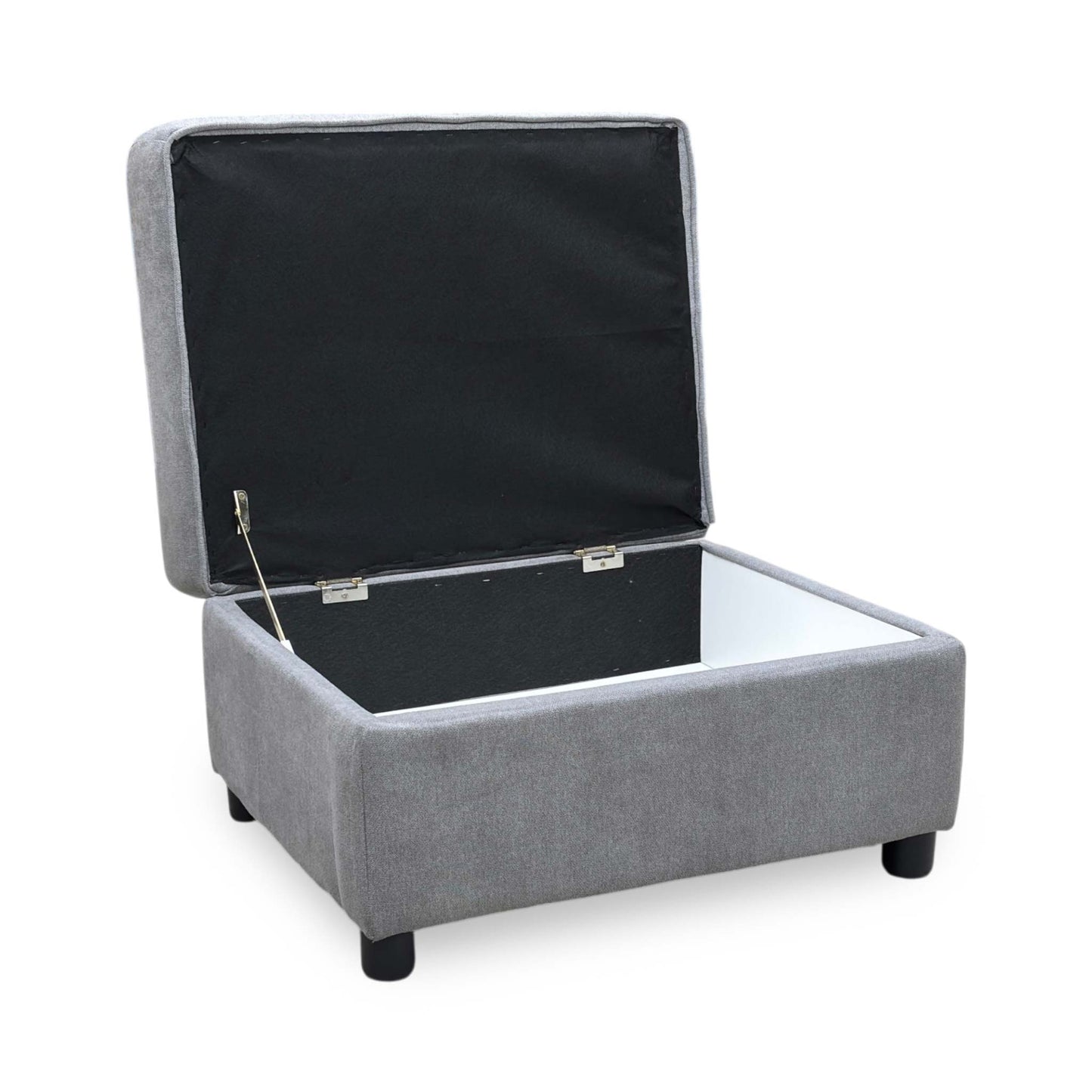 Side view of the Comfi light grey fabric storage footstool, illustrating the structural frame height, crisp corner lines, and robust compact build.