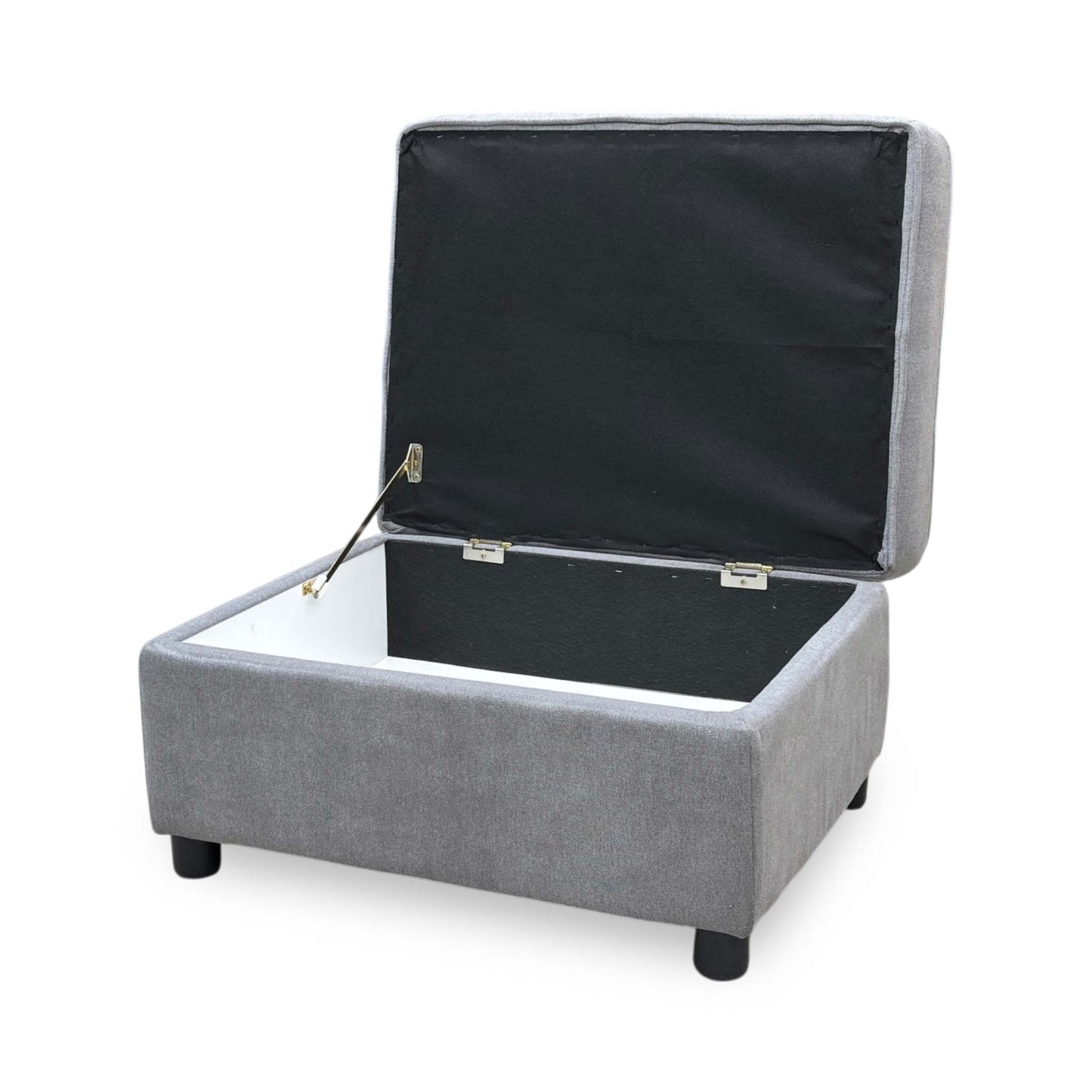 Side view of the Comfi light grey fabric storage footstool, illustrating the structural frame height, crisp corner lines, and robust compact build.