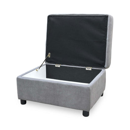 Side view of the Comfi light grey fabric storage footstool, illustrating the structural frame height, crisp corner lines, and robust compact build.