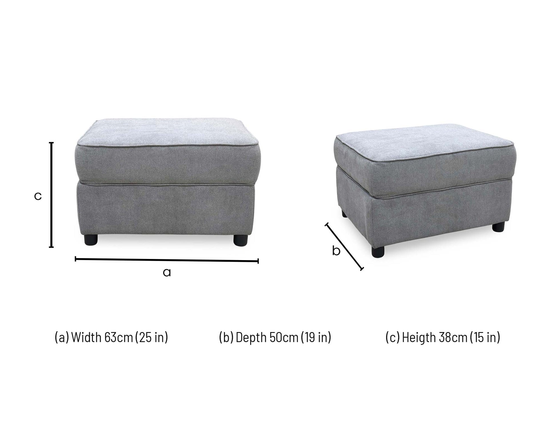Technical dimension graphic for the Comfi fabric storage footstool, indicating the precise total width, frame depth, height, and internal storage capacity measurements.