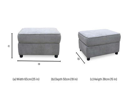 Technical dimension graphic for the Comfi fabric storage footstool, indicating the precise total width, frame depth, height, and internal storage capacity measurements.