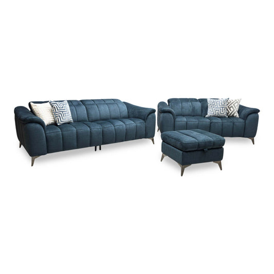 ‘Angelo’ Giula Dark Blue Gl-0108 Fabric 3 + 2 Seater Sofa Set + Storage Footstool
